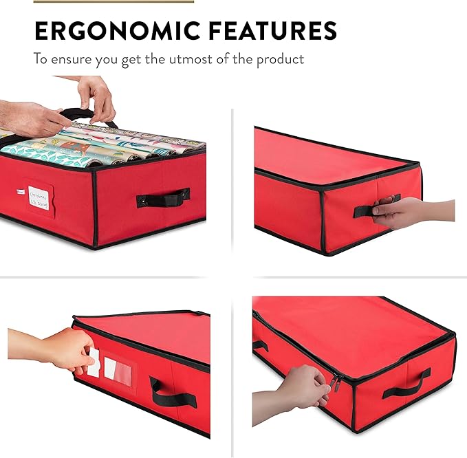 ZOBER Gift Wrapping Paper Organizer Storage - 40" Gift Wrap Storage Containers with Interior Pockets for Bows, Tags & Ribbons - Wrapping Paper Holder, 600D Oxford, Fits 24 Standard Rolls, Red/Black