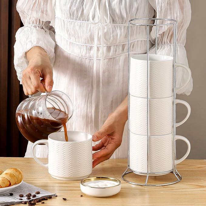 Hasense Coffee Mugs Set of 4 with Stand, 15 oz Porcelain Stackable Coffee Cups Set with handle for Tea, Latte, Milk and Cappuccino, White Embossed Tea Cups Set with Geometric Pattern for Men and Women