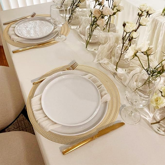 FAVE 8PCS Gold Vinyl Round Placemats, Wheat Sheaf Design 15 Inch Placemats Set of 8 Washable for Dining, Events, Banquet, Home & Daily Use (Gold Wheat,8pcs)