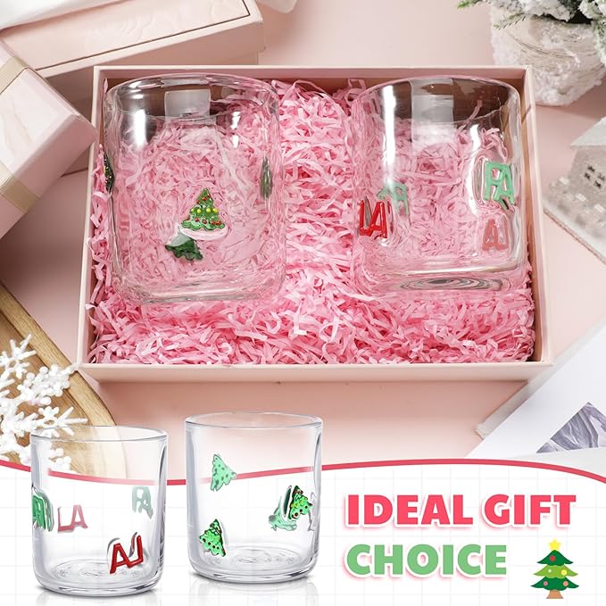 Icon Juice Glasses, 14oz Stemless Wine Drinking Juice Glass Cup for Valentine Party Supplies Gift(2 Pcs,Christmas Fa La)