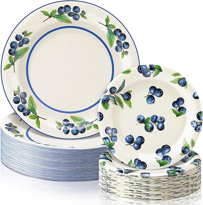 48 Pcs Blueberry Paper Plates Set Baby Shower 9" 7" Summer Watercolor Disposable Plates Decorative Dinner Plates Birthday Party Tableware for Party Supplies Decoration