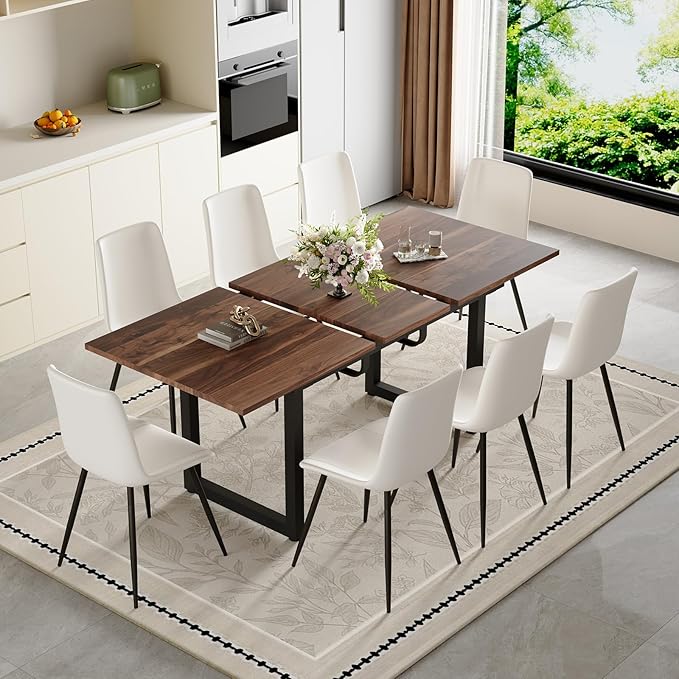 Extendable Dining Table Set for 8, 55"–71" Modern Wood Kitchen Table with 8 Upholstered Chairs, Space-Saving for Living Room Apartment, Sturdy & Comfortable, Easy Assembly