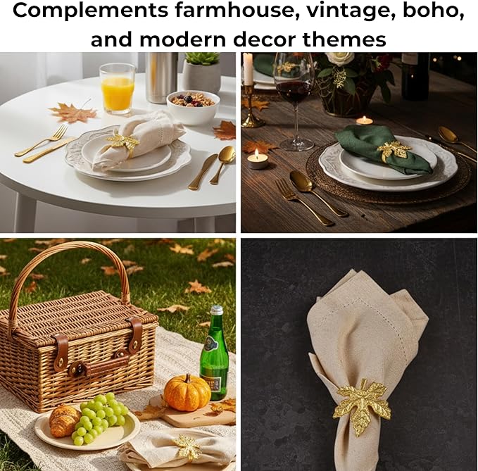 CLEENTABLE Elegant Handcrafted Leaf Napkin Rings - Set of 12 Premium Aluminum Holders for Dinner Parties, Weddings, Special Occasions & Everyday Dining (Gold)