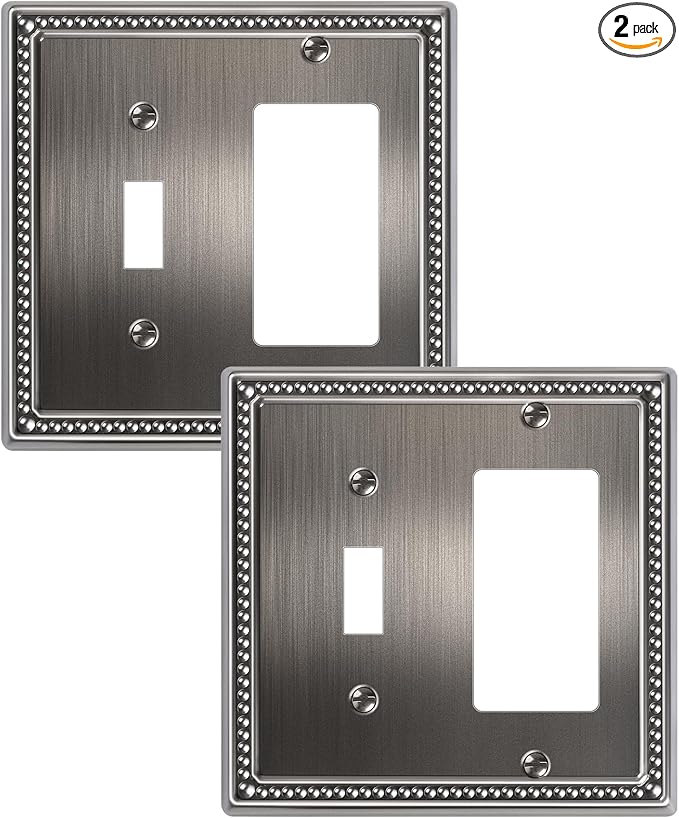 2-Pack Combo Toggle/Decorator Light Switch Cover Plate, Pearls Decorative Electrical Outlet Covers, Metal Wall Switch Plates and Outlet Covers, Antique Silver