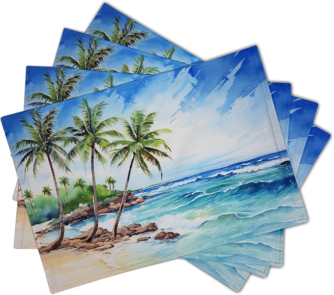 Beach Placemats Set of 4 - Palm Tree Place Mat 12x18 Inch Summer Sea Coastal Table Mat for Party Kitchen Dining Home Holiday Party Decor