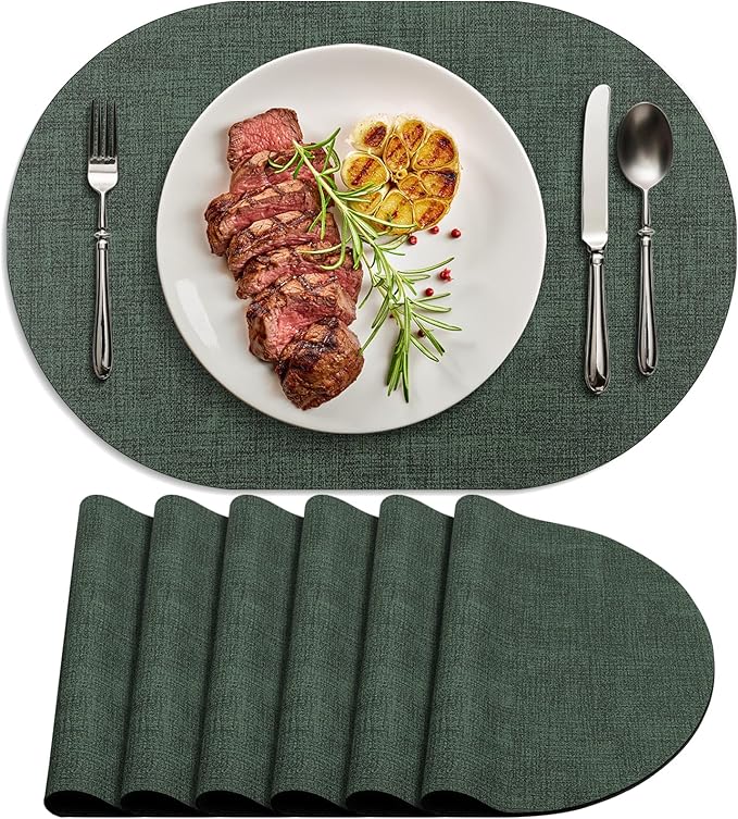 Placemats Set of 6 - Washable Heat Resistant Table Placemats - Wipeable Faux Leather Oval Place Mats, Waterproof Table Mats for Dining Table, Green