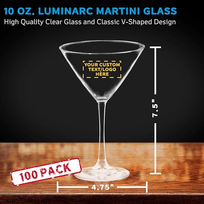 Custom Martini Glasses by ARC 10 oz. Set of 100, Personalized Bulk Pack - Perfect for Hotel, Bar, Restaurant or Lounge - Clear