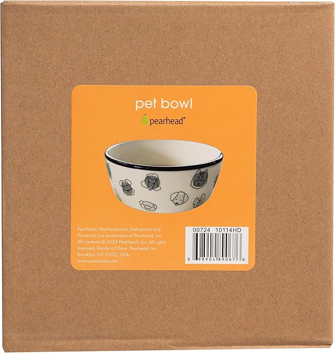 Pearhead Ceramic Dog Faces Dog Bowl, Holds 2 Cups, Stoneware Food and Water Dish for Dogs up to 20 lbs, Heavy Non-Slip Base, Small/Medium