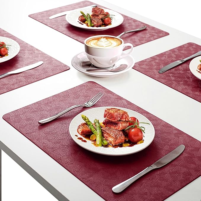 Vinyl Placemats Set of 4 Faux Leather 100% Waterproof Wipeable Washable Place Mats Heat Resistant Easy Clean Non-Slip Table Mats for Indoor Outdoor. (4,Red)