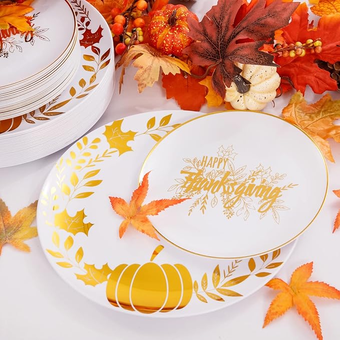 Ciaell 125PCS Thanksgiving Plastic Plates - Fall Pumpkin Disposable Plates White and Gold Heavy Duty Dinnerware Set include 25Dinner Plate, 25Desset Plate, 25Knives, 25Forks, 25Spoons for Thanksgiving