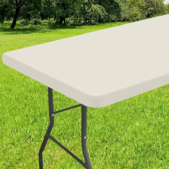 Smiry Rectangle Tablecloth, Elastic Fitted Flannel Backed Vinyl Tablecloths for 4ft Folding Tables, Waterproof Wipeable Table Covers for Indoor, Outdoor, Picnic and Camping (Beige, 30"x48")