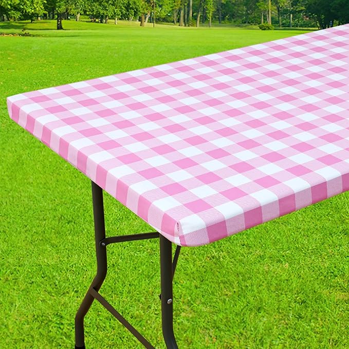 Smiry Rectangle Picnic Table Cloth, Elastic Waterproof Fitted Vinyl Tablecloths, Flannel Backed Buffalo Plaid Table Covers for Dining, Camping, Valentines (White and Pink, 30" x 60")