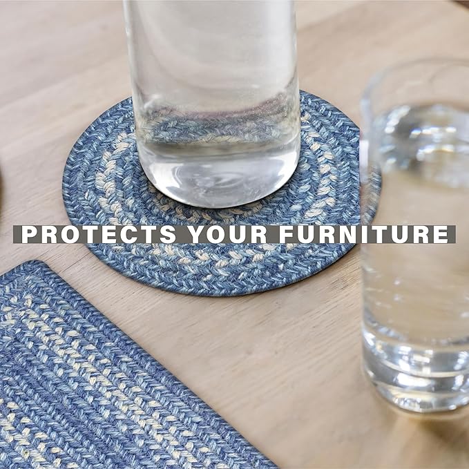 Homespice Denim Jute Braided Trivets for Table, Country Coastal Decor, Set of 3, Blue 8" Round Heat Resistant Mat - Rich Colors, Easy to Clean, Durable and Protects Furniture