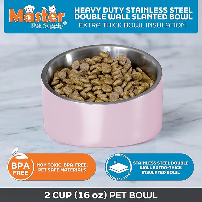 Master Pet Supply Stainless Steel Slanted Dog Cat Food Bowl - 16 oz Heavy Duty - Rose Quartz, Double Wall Insulated, Non-Slip Elevated Bowl for French Bulldogs Pugs Cats, Anti Rust Dishwasher Safe