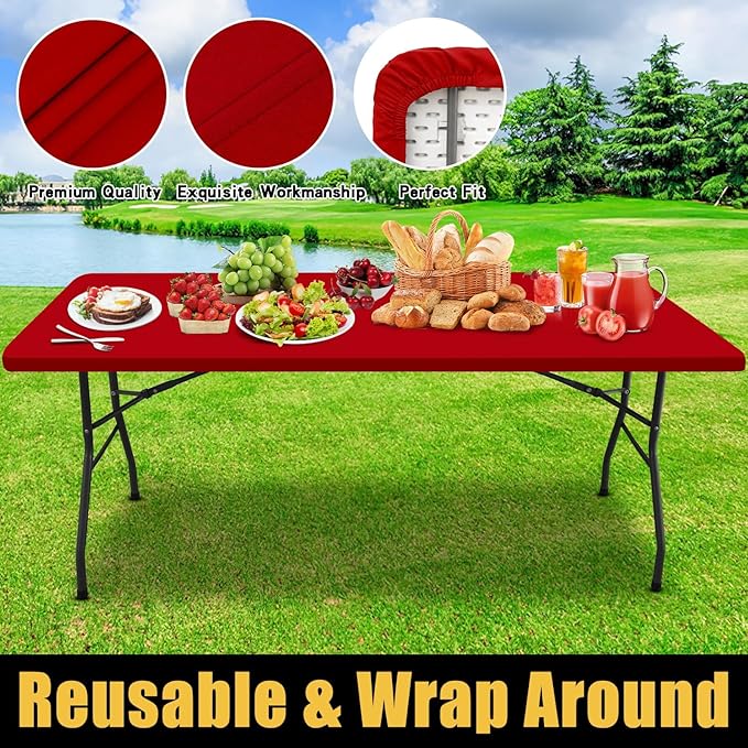Smiry Rectangle Picnic Table Cloth, Waterproof Elastic Fitted Tablecloths for 8 Foot Tables, Washable Polyester Table Cover for Camping, Indoor and Outdoor (Red, 36"x96")