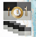 Placemats Set of 4 - Washable Woven Vinyl Placemats, Heat Resistant, Non-Slip, Easy to Clean Water Resistant Table Mats for Indoor/Outdoor Dining, Kitchen, Patio (4, Black White Square)