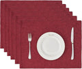 BALCONY & FALCON Placemats Set of 6 Faux Linen Cloth Place Mats Washable Waterproof Wrinkle Resistant Table Placemats for Dining Kitchen Farmhouse Indoor & Outdoor Use(Ruby Red, 13.8”x 17.7”