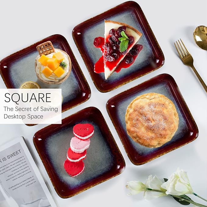 HENXFEN LEAD Small Square Plates 6.3 Inch – Ceramic Dessert, Appetizer & Snack Plates Microwave & Dishwasher Safe – Set of 4, Reactive Glaze Red