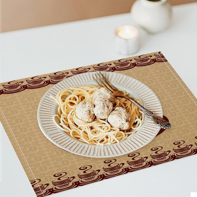 Vintage Coffee Theme Placemat Set, Minimal Rustic Farmhouse Brown Beige Geometric Coffee Cup Beans Seamless Pattern Home Decor Linen Table Mats for Dining Room Kitchen Party (17x12in) x6P