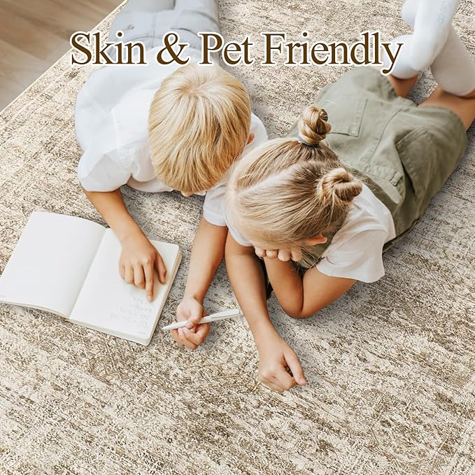 12x15 Washable Area Rug Brown Neutral Abstract Living Room Large Carpet Non Slip Bedroom Indoor Office Dining Room Low Pile Thin Rug
