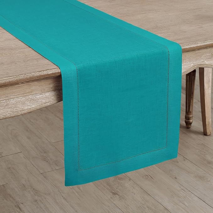 Solino Home Linen Table Runner 60 Inches - 100% Pure Linen Teal Hemstitch Table Runner 14 x 60 Inch Ideal for Dresser and Coffee Tables - Classic Hemstitch