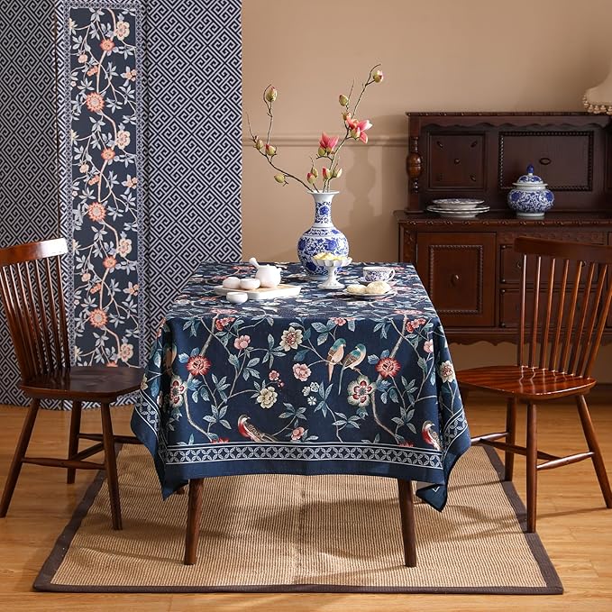 patdrea Designer Dark Blue Linen Rectangle Tablecloth,Vintage Navy French Floral and Birds Pattern Table Cloth,Decoration Table Cover for Kitchen,Dining,Tea Party,Home,Christmas,55"*87"