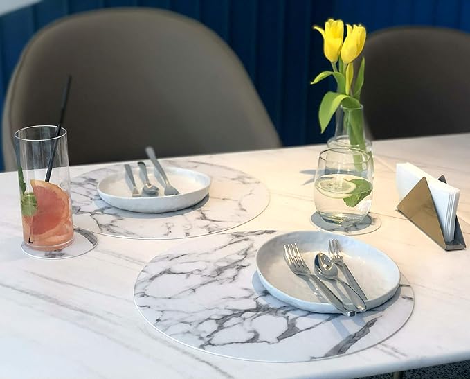Set of 8 Marble Round Placemats and Coasters, Faux Leather Waterproof Table Mats, Easy to Wipe Off for Kitchen Dining Round Table