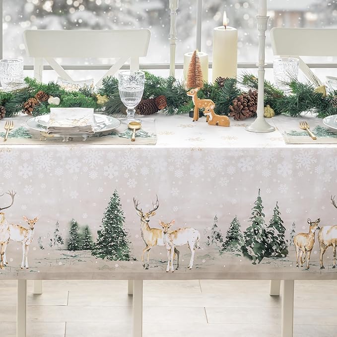 Maison d' Hermine Table Cloth Square Table 100% Cotton 54 x 54 Inches Fall Tablecloth Reusable Everyday Use for Thanksgiving Christmas Decorations Dining Farmhouse Party (Deer in The Woods)