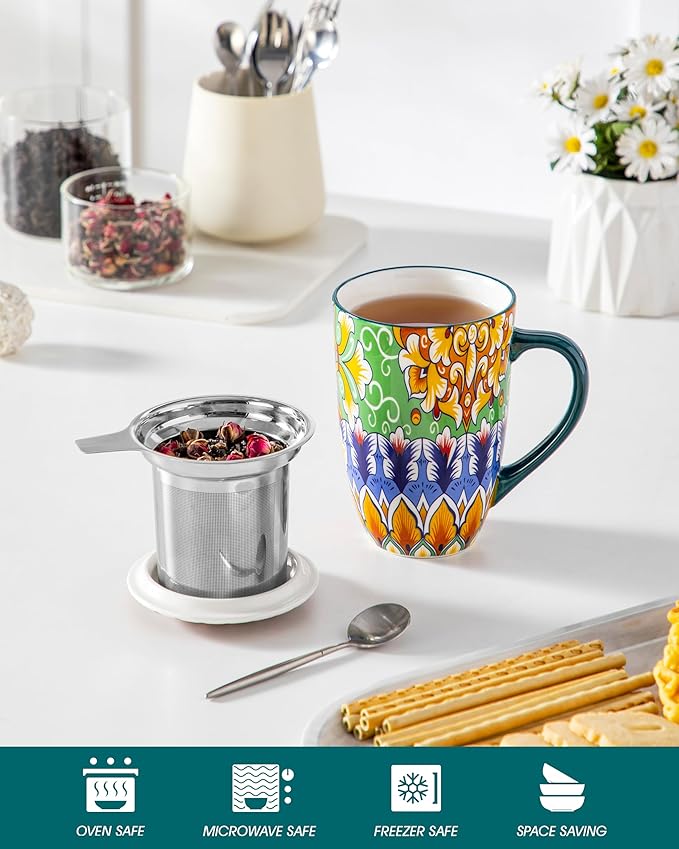 vancasso Ceramic Tea Mug with Infuser and Lid, 18 Ounce Bohemian Loose Leaf Cup, Microwave & Dishwasher Safe, Perfect for Tea, Coffee, Lime-Green Fiesta