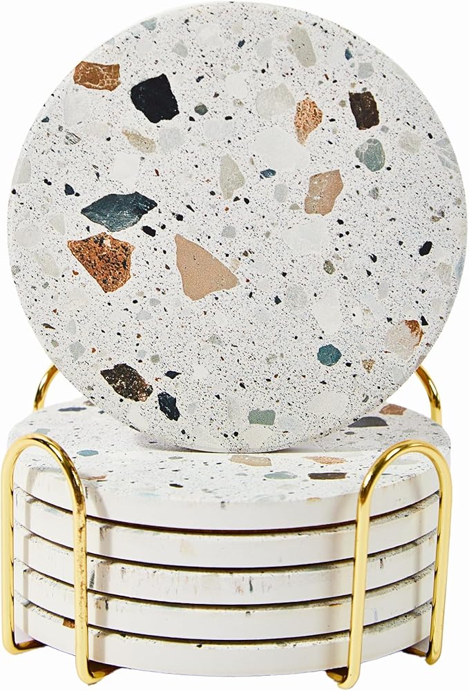 Terrazzo Coasters Set of 6, Ceramic Absorbent Drink Coasters, Cute Moisture Absorbing Coaster, Coffee Table Desk Decor, Colorful Stone Coaster for Drinks (Granite)