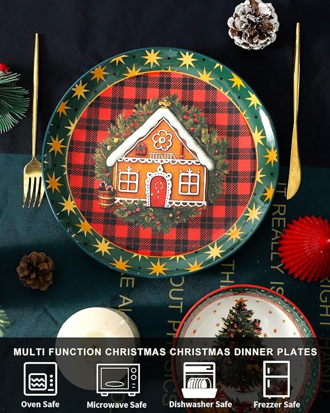 HASENSE Christmas Dinner Plates, 10.5 Inch Ceramic Plates Set of 6, Dinnerware Dish for Kitchen for Steak, Pasta, Pizza, Serving Plate Microwave, Oven and Dishwasher Safe, Holiday Dining Collection