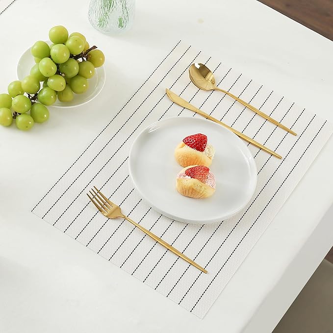 Leetaltree White with Black Stripes Placemats Set of 12 - Heat Resistant Non-Slip Place mats for Dining Table, Washable Durable PVC Vinyl Woven Table Mats（White Stripes, 12）