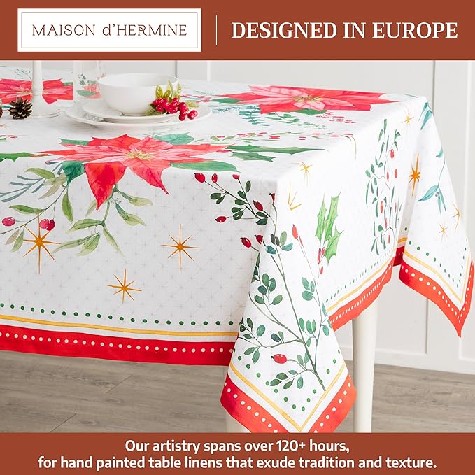 Maison d' Hermine Table Cloth Rectangle Table 100% Cotton 70 x 120 Inches Fall Tablecloth Reusable Everyday Use for Thanksgiving Christmas Decorations Dining Farmhouse Party (Poinsettia Christmas)