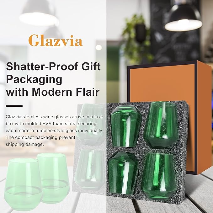 Green Stemless Wine Glasses Set of 6, 15oz Drinking Glassware Dishwasher Safe, Wine Glass Tumblers for Red or White, Gift for Party, Holiday, Anniversary, Restaurant, Home Bar, Daily Use