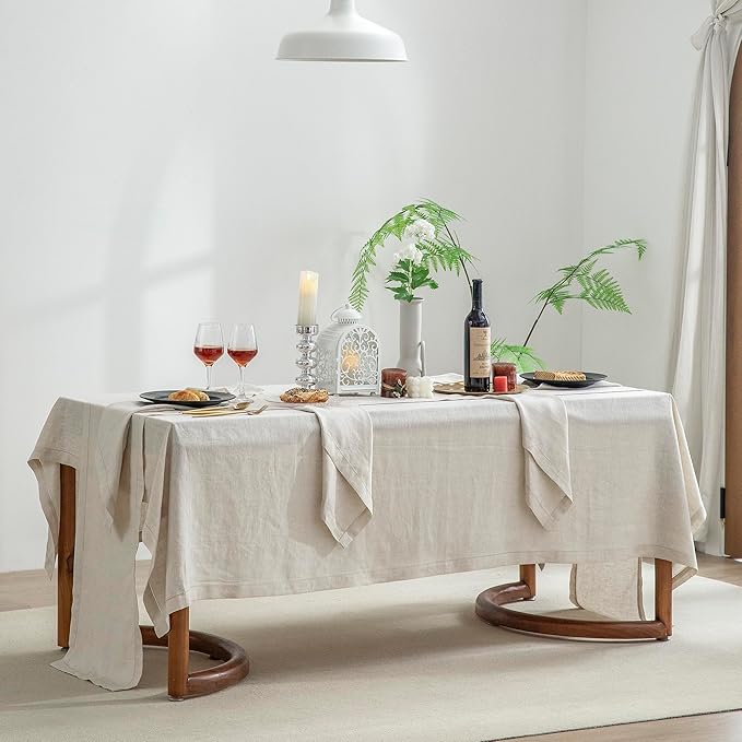 EVERLY Pure Linen Hemstitch Tablecloth,100% Stonewashed French Linen tablecloths for Kitchen Dining Rectangle Tables,60x144Inch Machine Washable Christmas Thanksgiving Organic Tablecloth-Natural Linen