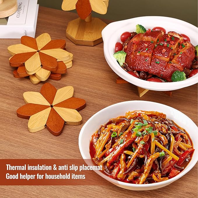 Wooden Placemats - Tree Washer Set, Wooden Pinwheel Coaster Set with Stand for Easy Storage - for Fondue pots, Pans, Bowls, teapots, Warming Trays - Versatile Decorations (Windmill placemats 5 pcs)