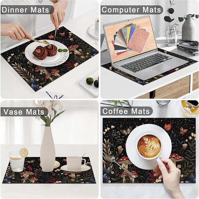 Mushroom Botanical Placemats Set of 4, Mushroom Plants Leaves Butterfly Place Mats, Moon Waterproof Washable Table Mats for Home Party Indoor Kitchen Dining Table Decoration 12x18 Inch
