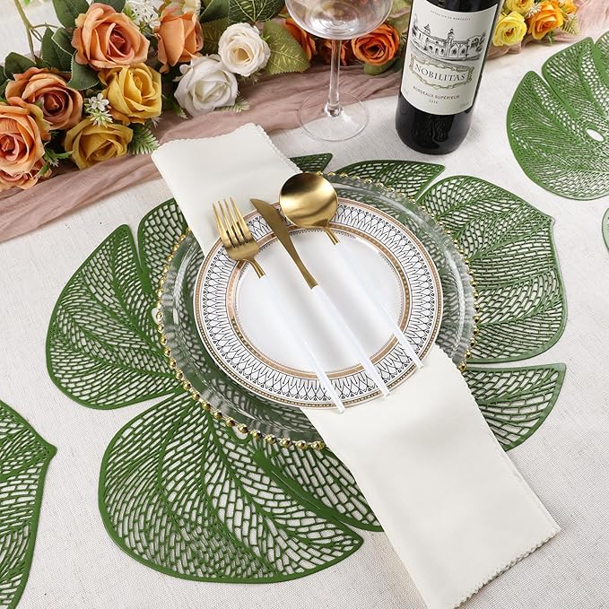 Evevda Green Leaf Shaped Vinyl Placemats for Dinner Table Set of 8 Plastic Green Place Mats Wipeable 8Pcs Table Mats for Wedding Annersary Dinner Table Decoration Mats