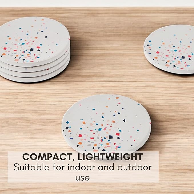 Terrazzo Coasters Set of 6, Ceramic Absorbent Drink Coasters, Cute Moisture Absorbing Coaster, Coffee Table Desk Decor, Colorful Stone Coaster for Drinks (Color Burst)