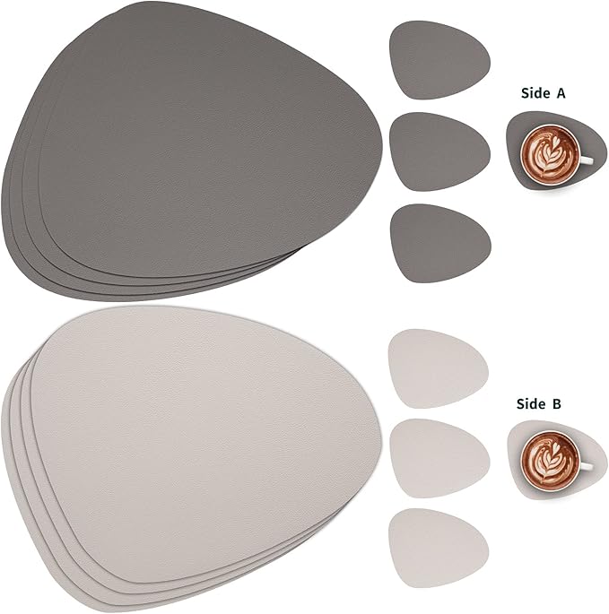 Myir JUN Placemats, Dual-Sided Placemats Waterproof Faux Leather Placemats Set of 6 Place Mats and Coasters Non-Slip Washable Table Mats for Dining Table (Gray Beige, Set of 6)