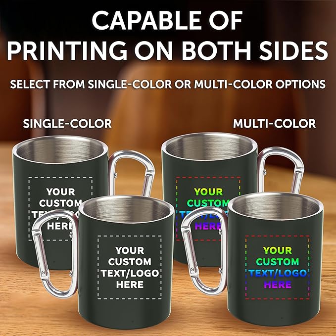Custom Stainless Steel Mugs with Carabiner Handle 10 oz. Set of 50, Personalized Bulk Pack - Perfect for Coffee, Soda, Other Hot & Cold Beverages - Army Green