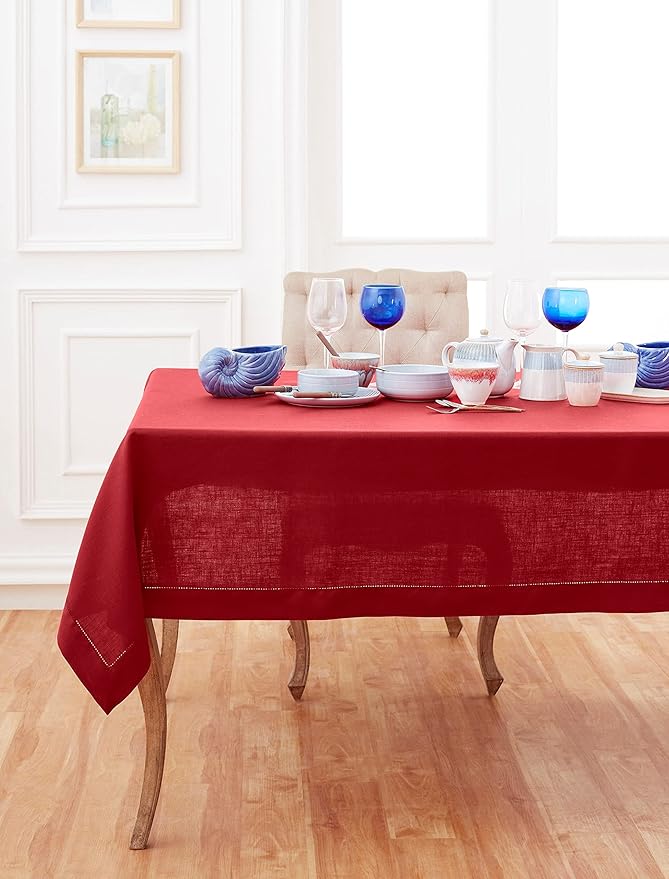 Solino Home Linen Tablecloth 60 x 120 Inch - Classic Hemstitch 100% Pure Linen Red Table Cloth for Rectangle Tables - Machine Washable Tablecloth for Valentines, Winter