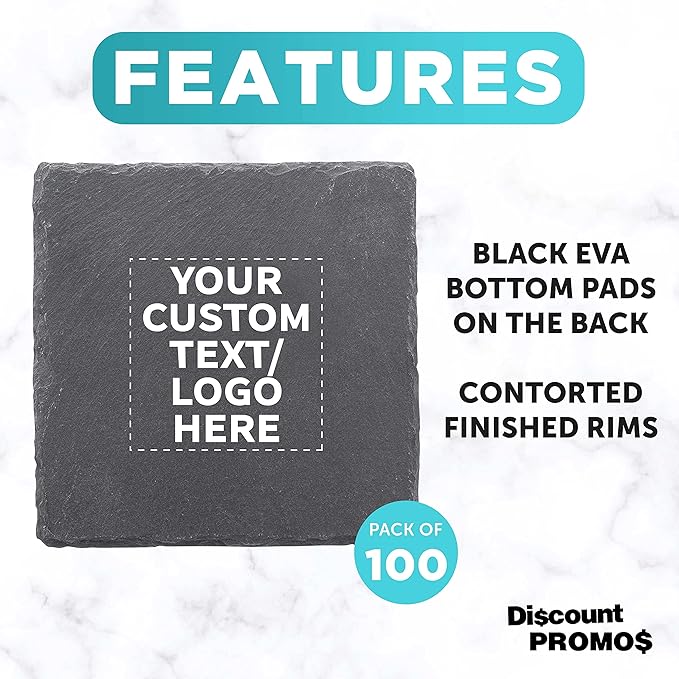 Custom Sohag Square Slate Coasters Set of 100, Personalized Bulk Pack - Table Decor, Kitchen Decor, Wedding Favors - Black