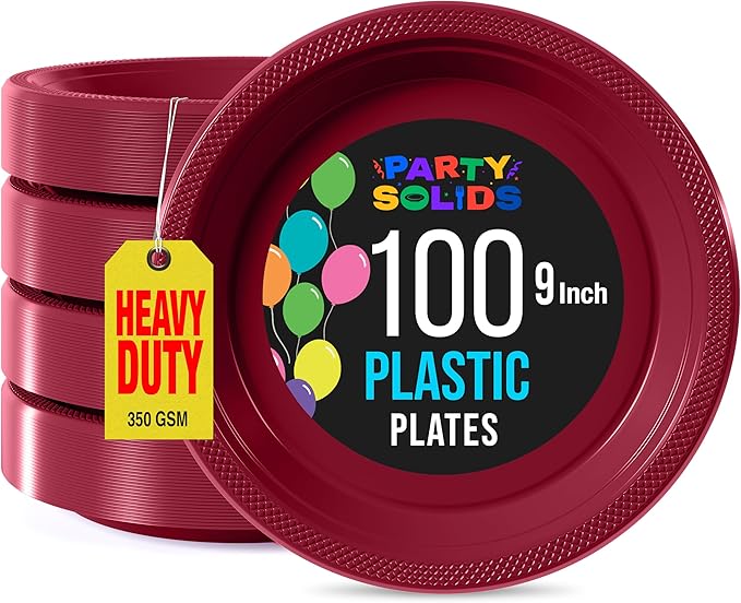 Burgundy Plastic Plates For Party 9" Burgundy Disposable Plates Heavy Duty 100 Pcs Plastic Dinnerware Sets Heavy Duty 350 GSM Disposable Dinnerware Set