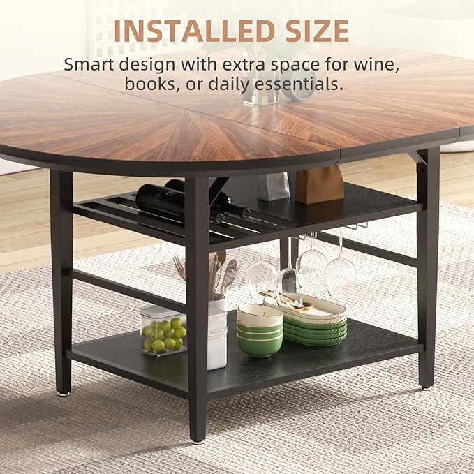 VFK 47.2"-63" Extendable Round Dining Table Set for 4–6, Solid Wood & Metal Table with Wine Rack Storage Shelf, Walnut Kitchen & Dining Room Furniture (1 Storage Table)