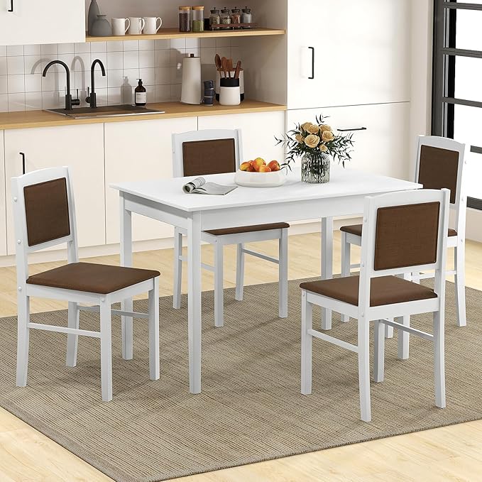 POWERSTONE Farmhouse Wood Dining Table Set for 4, Space-Saving Kitchen Table 4 Chairs Paded PU Leather, Rectangular 5 Piece Dining Table Set 4 Rubberwood Legs Chairs for Kitchen Indoor Dinner (White)