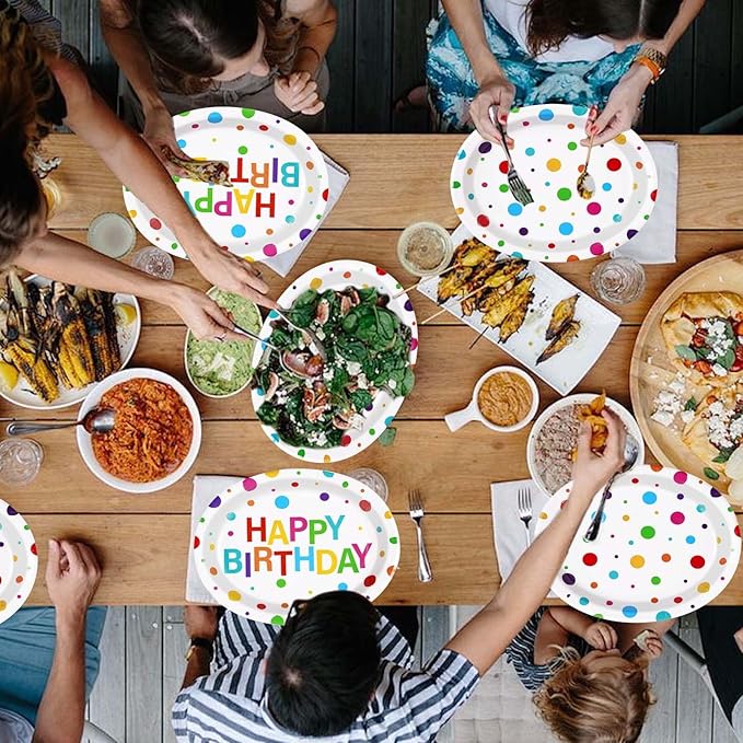 50Pcs Happy Birthday Oval Paper Plates 10" x 12" Large Disposable 400GSM Heavy Duty Rainbow Colorful Dots Platters Plates Happy Birthday Party Decorations for BBQ Picnic Baby Shower Party Supplies