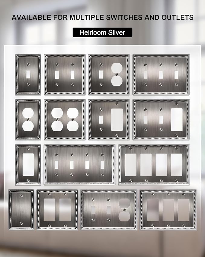 6-Pack Single Toggle Light Switch Cover Plate, Pearls Decorative Switch Plate Covers, Antique Silver 1 Gang Metal Wall Plate, Corrosion Resistant