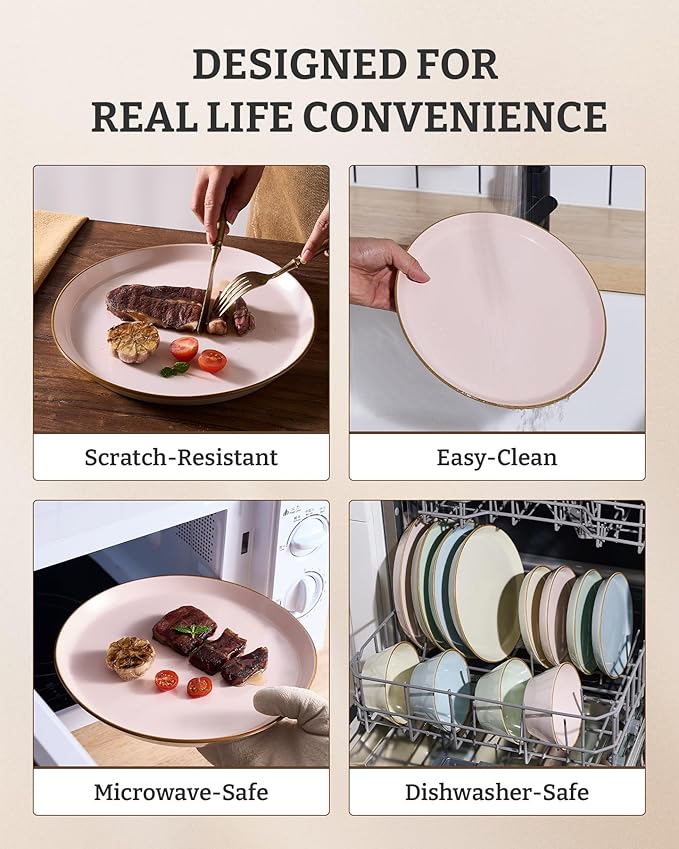 Famiware Saturn Stoneware Dinnerware Sets for 8 (24 Pieces), Ceramic Plates and Bowls Dish Sets with Hand-Painted Trim - Chip & Scratch Resistant, Microwave & Dishwasher Safe Tableware, Light Pink