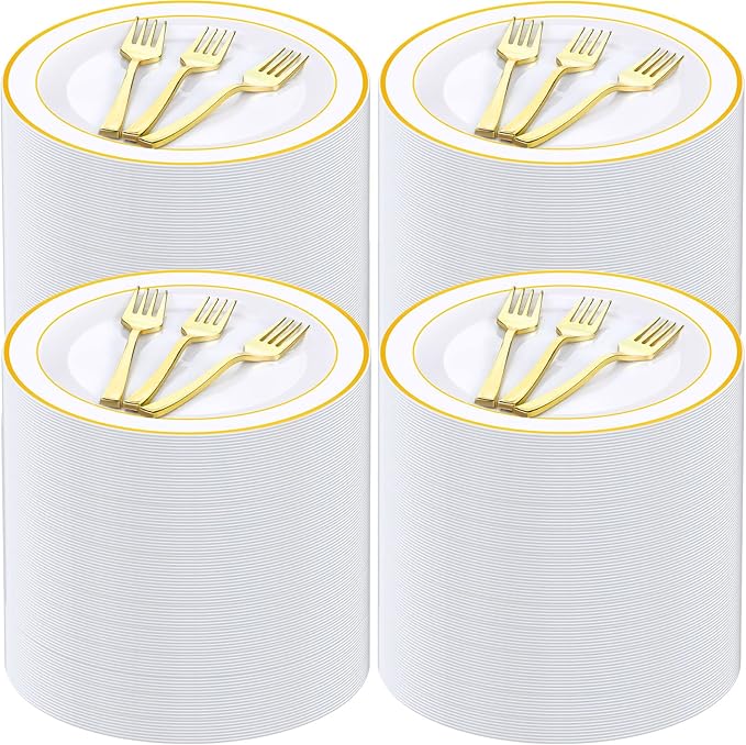 Eccliy 400 Pieces Plastic Cake Plates with Dessert Forks, 7.5 Inch Disposable Plastic Plates Appetizer Plates Salad Plates Party Plates Heavy Duty for Wedding Reception Parties Holidays (Gold)